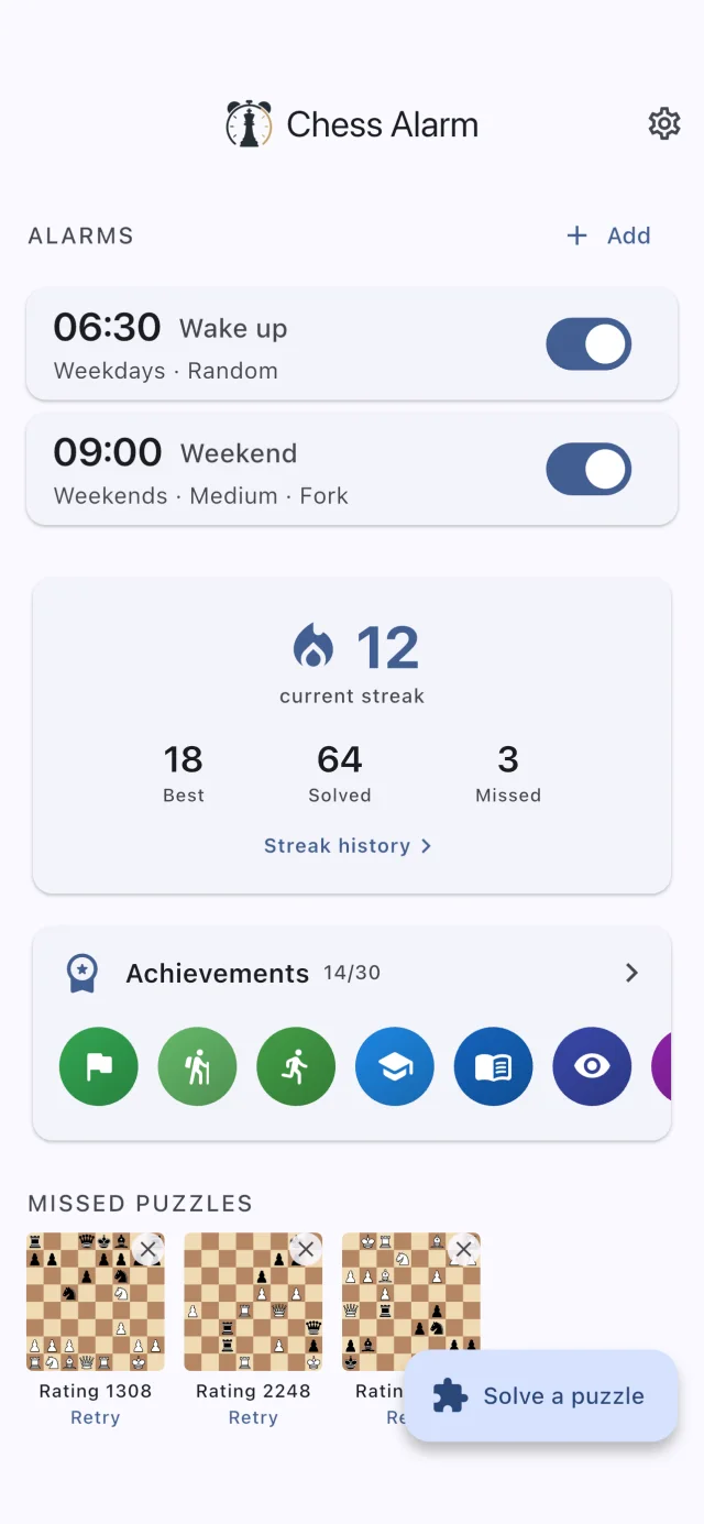 Chess Puzzle Alarm home screen with alarms and streak